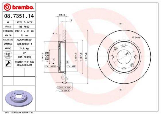 Brembo 08.7351.14 - Тормозной диск autosila-amz.com