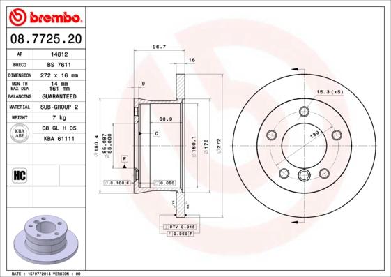 Brembo 08.7725.20 - Тормозной диск autosila-amz.com
