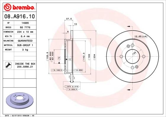 Brembo 08.A916.10 - Тормозной диск autosila-amz.com