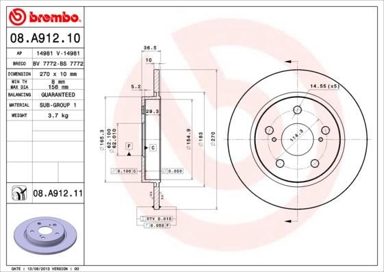 Brembo 08.A912.11 - Тормозной диск autosila-amz.com