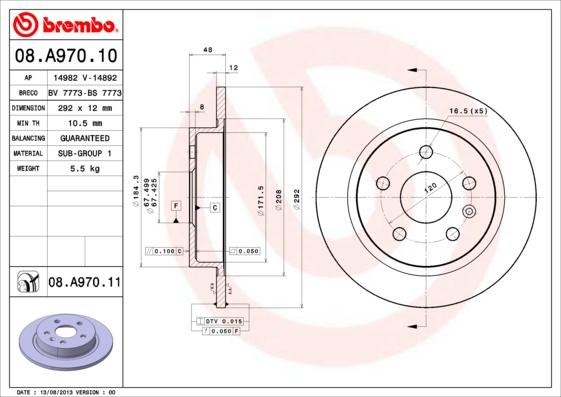 Brembo 08.A970.11 - Тормозной диск autosila-amz.com