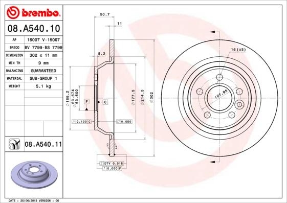 Brembo 08.A540.10 - Тормозной диск autosila-amz.com