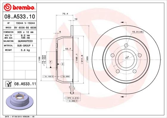 Brembo 08.A533.10 - Тормозной диск autosila-amz.com