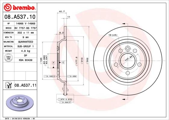 Brembo 08.A537.11 - Тормозной диск autosila-amz.com