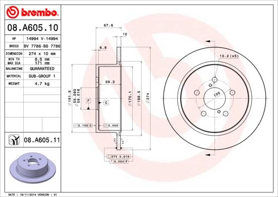 Brembo 08.A605.10 - Тормозной диск autosila-amz.com