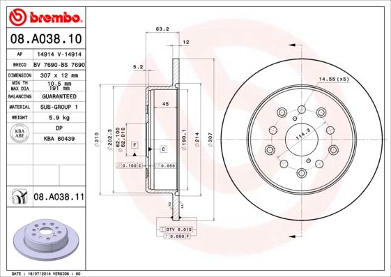 Brembo 08.A038.11 - Тормозной диск autosila-amz.com
