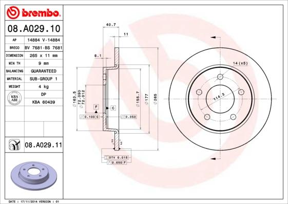 Brembo 08.A029.10 - Тормозной диск autosila-amz.com