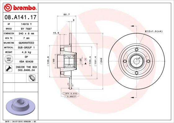 Brembo 08.A141.17 - Тормозной диск autosila-amz.com