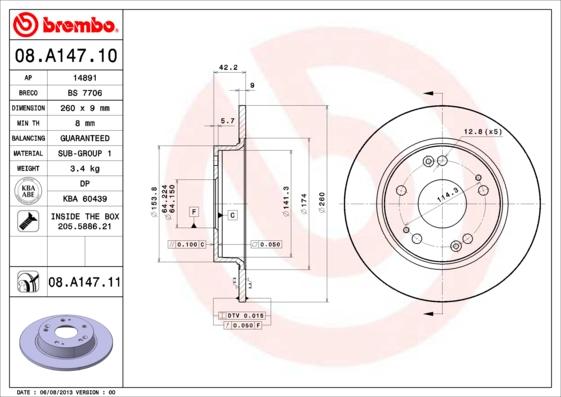 Brembo 08.A147.10 - Тормозной диск autosila-amz.com