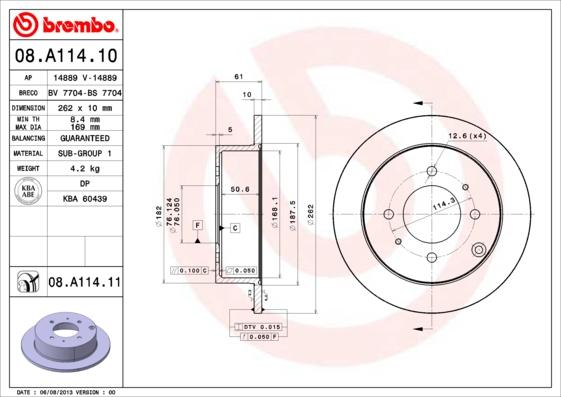 Brembo 08.A114.11 - Тормозной диск autosila-amz.com