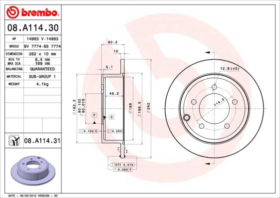 Brembo 08.A114.30 - Тормозной диск autosila-amz.com