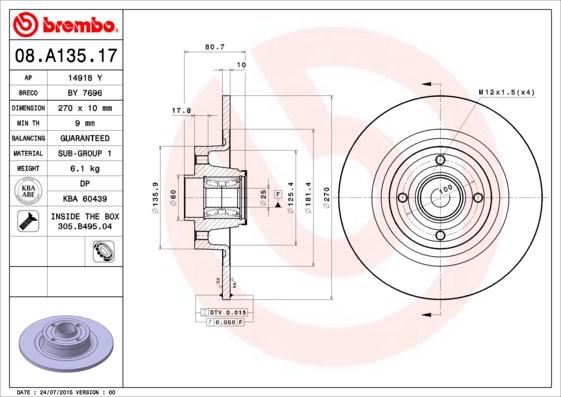 Brembo 08.A135.17 - Тормозной диск autosila-amz.com
