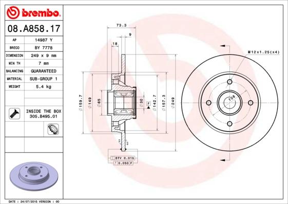 Brembo 08.A858.17 - Тормозной диск autosila-amz.com