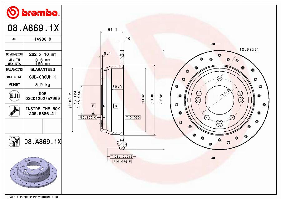 Brembo 08.A869.1X - Тормозной диск autosila-amz.com