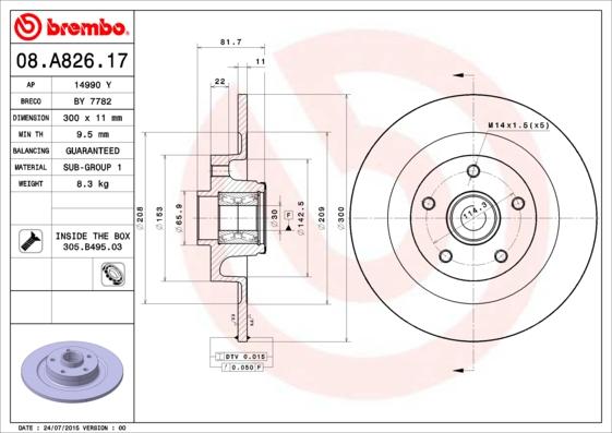 Brembo 08.A826.17 - Тормозной диск autosila-amz.com