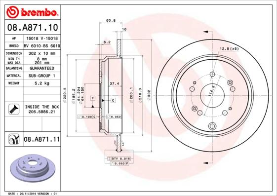 Brembo 08.A871.10 - Тормозной диск autosila-amz.com