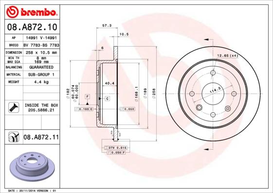 Brembo 08.A872.10 - Тормозной диск autosila-amz.com