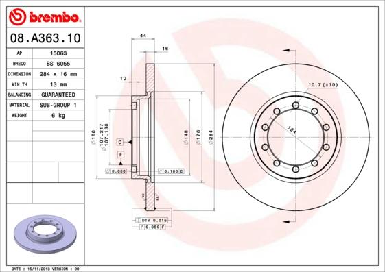 Brembo 08.A363.10 - Тормозной диск autosila-amz.com