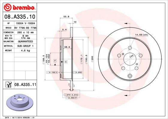 Brembo 08.A335.11 - Тормозной диск autosila-amz.com