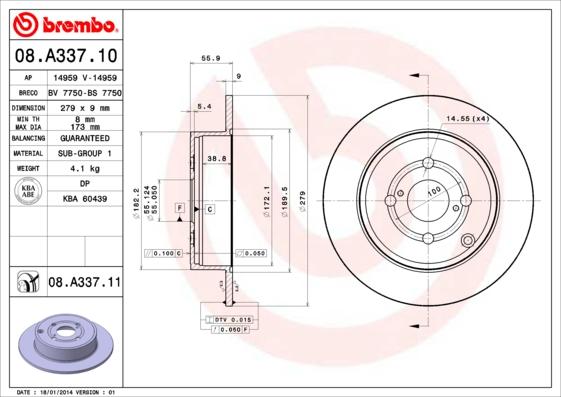 Brembo 08.A337.10 - Тормозной диск autosila-amz.com