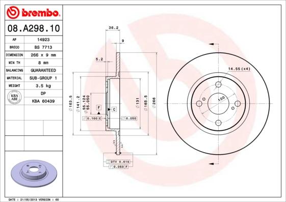 Brembo 08.A298.10 - Тормозной диск autosila-amz.com