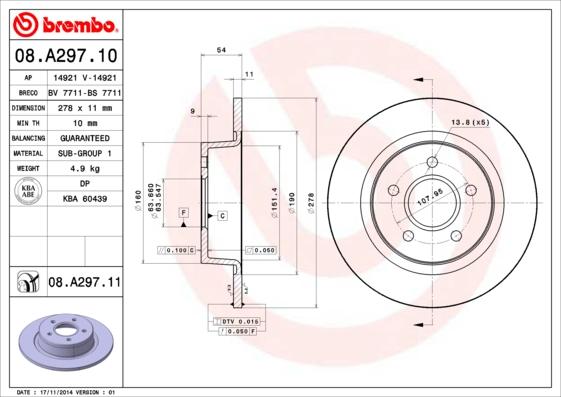 Brembo 08.A297.11 - Тормозной диск autosila-amz.com