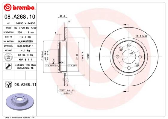 Brembo 08.A268.10 - Тормозной диск autosila-amz.com