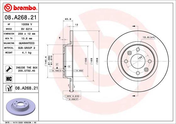 Brembo 08.A268.21 - Тормозной диск autosila-amz.com