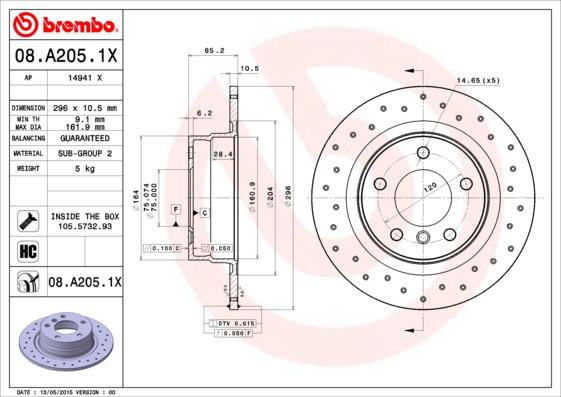 Brembo 08.A205.1X - Тормозной диск autosila-amz.com