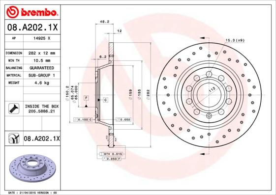 Brembo 08.A202.1X - Тормозной диск autosila-amz.com