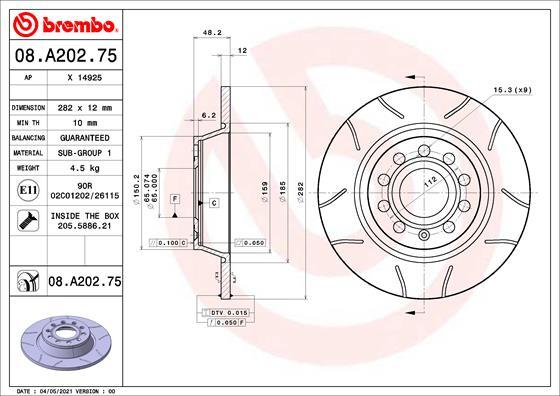 Brembo 08.A202.75 - Тормозной диск autosila-amz.com