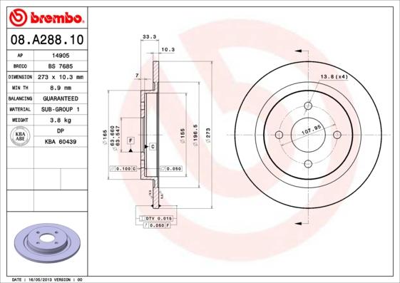 Brembo 08.A288.10 - Тормозной диск autosila-amz.com