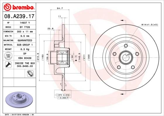 Brembo 08.A239.17 - Тормозной диск autosila-amz.com