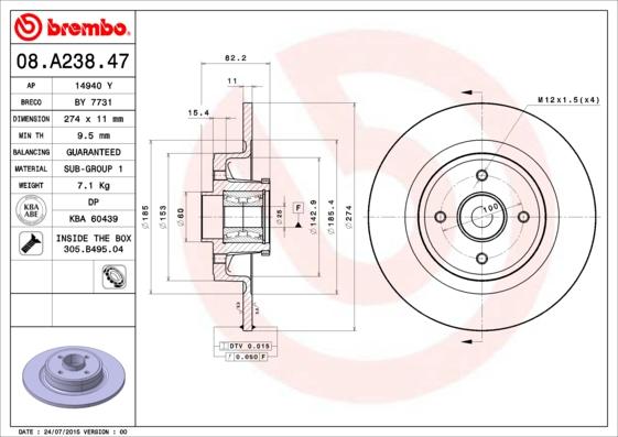 Brembo 08.A238.47 - Тормозной диск autosila-amz.com