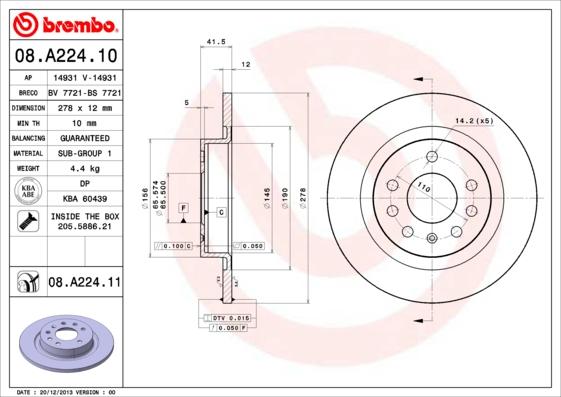 Brembo 08.A224.10 - Тормозной диск autosila-amz.com