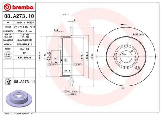 Brembo 08.A273.10 - Тормозной диск autosila-amz.com