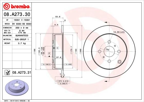 Brembo 08.A273.31 - Тормозной диск autosila-amz.com
