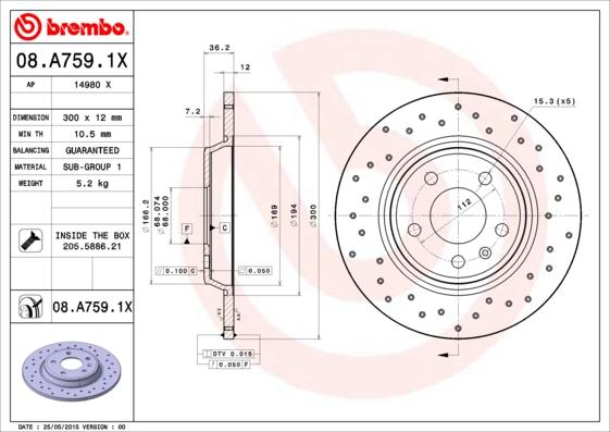Brembo 08.A759.1X - Тормозной диск autosila-amz.com