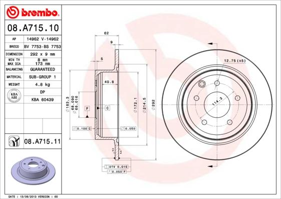 Brembo 08.A715.10 - Тормозной диск autosila-amz.com