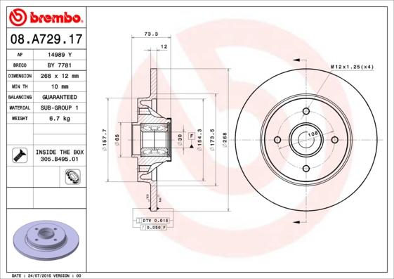 Brembo 08.A729.17 - Тормозной диск autosila-amz.com