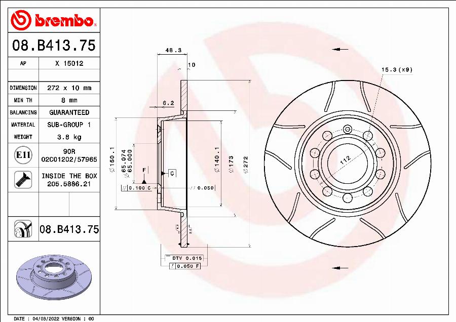 Brembo 08.B413.75 - Тормозной диск autosila-amz.com