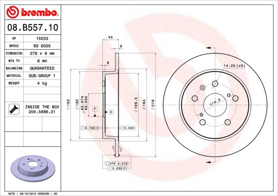 Brembo 08.B557.10 - Тормозной диск autosila-amz.com