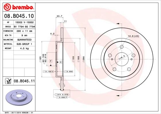 Brembo 08.B045.10 - Тормозной диск autosila-amz.com