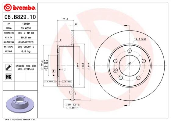 Brembo 08.B829.10 - 08.B829.10 диск тормозной задний!\ Renault Master, Opel Movano, Nissan NV400 2.3DCi 10> autosila-amz.com