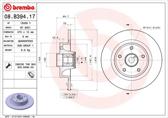 Brembo 08.B394.17 - Тормозной диск autosila-amz.com
