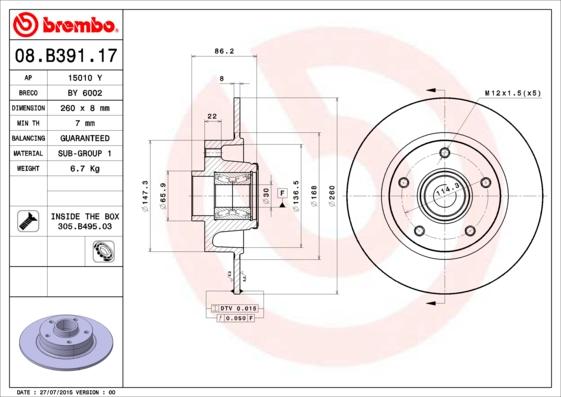 Brembo 08.B391.17 - Тормозной диск autosila-amz.com