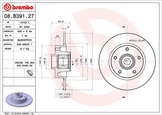 Brembo 08.B391.27 - Тормозной диск autosila-amz.com