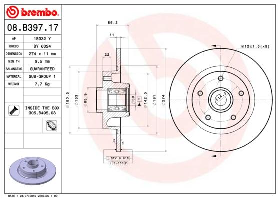 Brembo 08.B397.17 - Тормозной диск autosila-amz.com