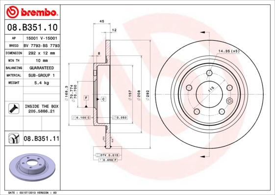 Brembo 08.B351.10 - Тормозной диск autosila-amz.com