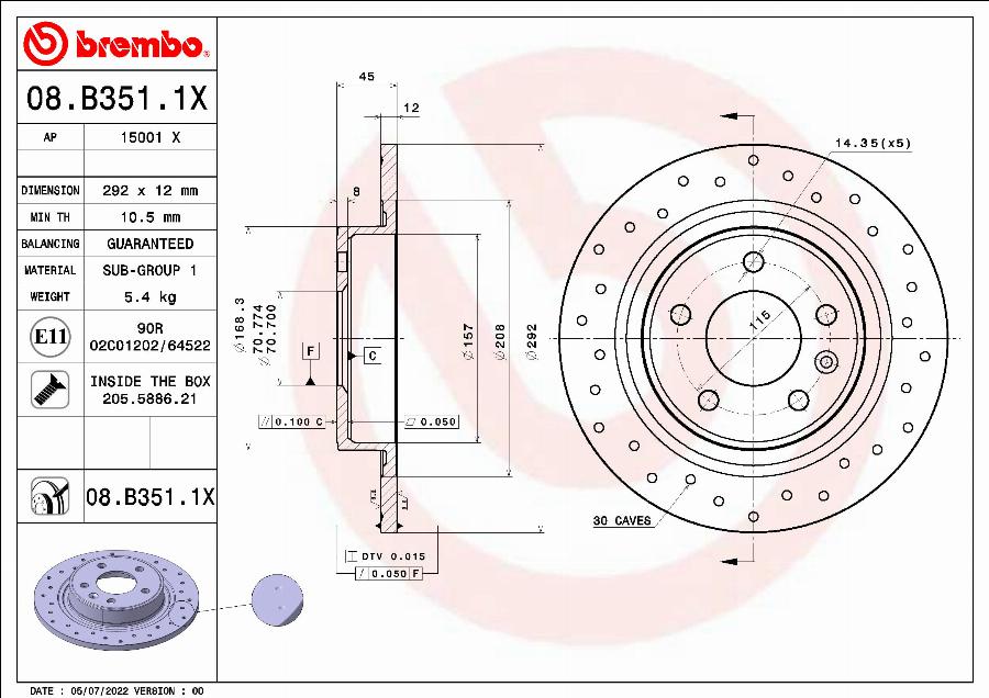 Brembo 08.B351.1X - Тормозной диск autosila-amz.com